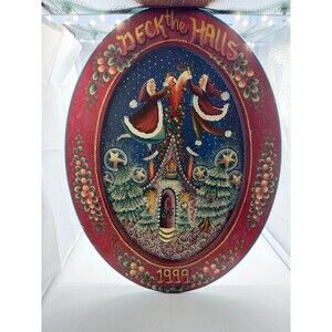 Vintage 1999 Deck The Halls Wooden Oval Christmas Wall Plaque Folk Art Sign 16"